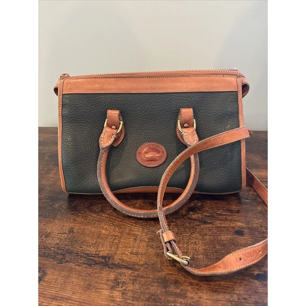 Vintage Dooney & Bourke Vintage All Weather Leather Purse Handbag Green & Cognac